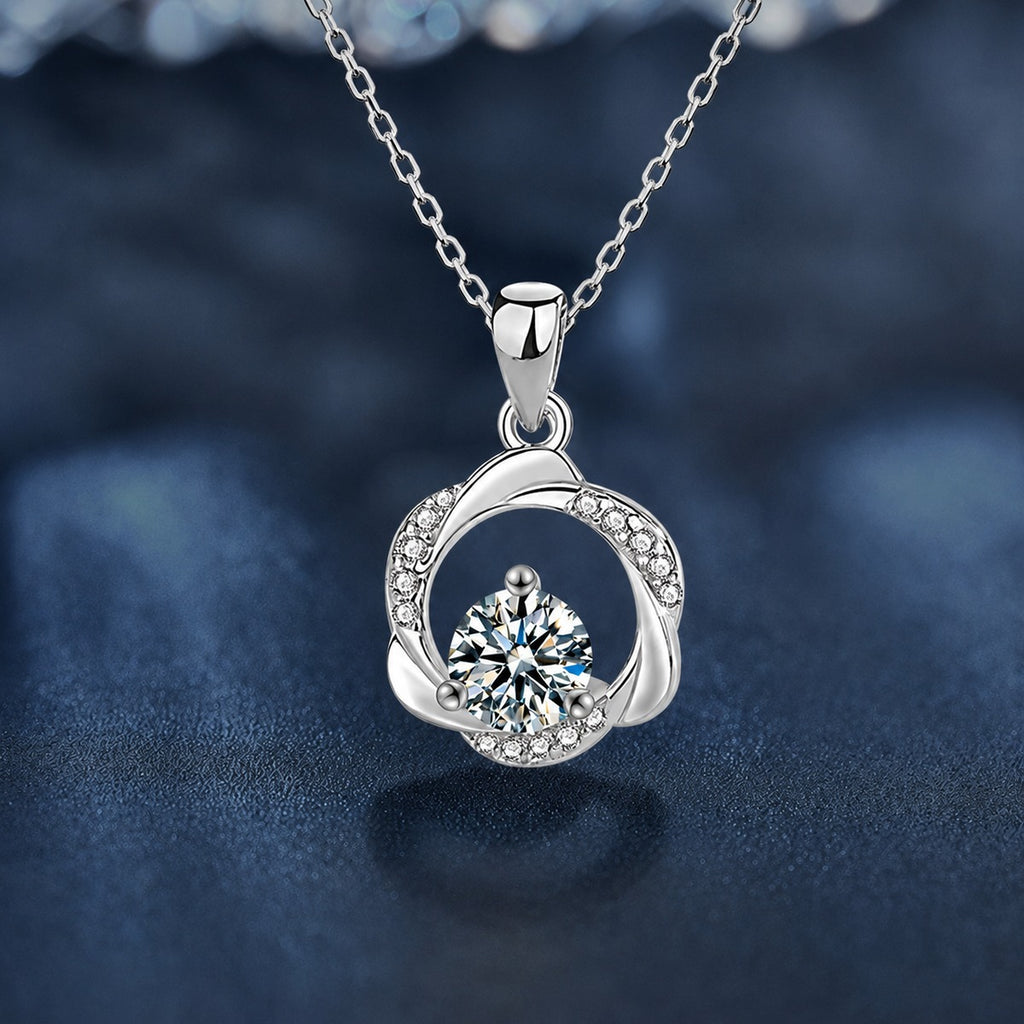 Mobius Ring Round Moissanite Necklace with CZ in Gold-Plated S925 sterling silver dark display product view showing pendant and chain