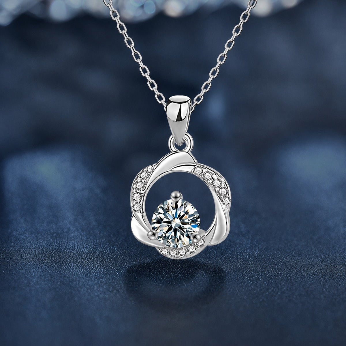 Mobius Ring Round Moissanite Necklace with CZ in Gold-Plated S925 sterling silver dark display product view showing pendant and chain
