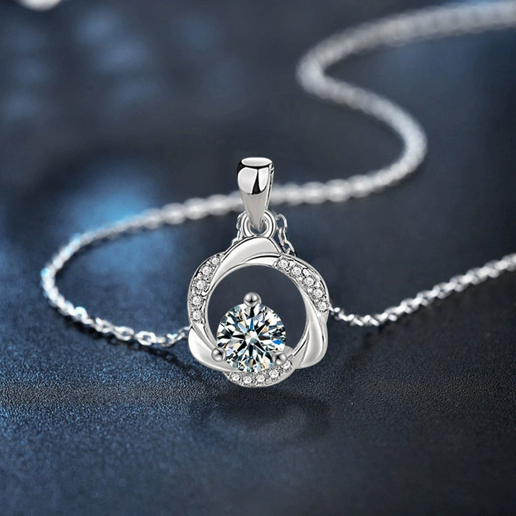Mobius Ring Round Moissanite Necklace with CZ in Gold-Plated S925 sterling silver close-up product scene showing stone setting