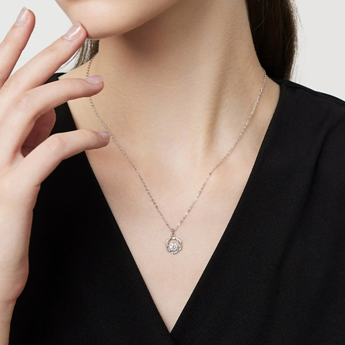 Mobius Ring Round Moissanite Necklace with CZ in Gold-Plated S925 sterling silver neckline model view showing pendant scale and chain length
