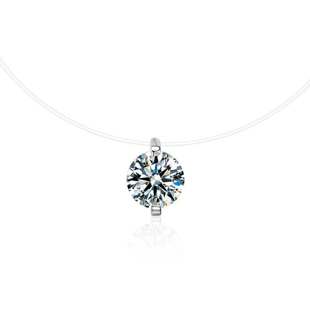Round Moissanite Solitaire Illusion Necklace in Gold-Plated S925 sterling silver alternate metal color white background product view showing a floating round solitaire on a nearly invisible line