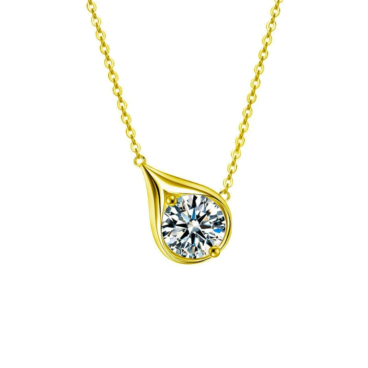 Teardrop Round Moissanite Necklace in Gold-Plated S925 sterling silver white background product photo showing minimal teardrop pendant with a 1 ct round moissanite center