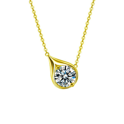 Teardrop Round Moissanite Necklace in Gold-Plated S925 sterling silver white background product photo showing minimal teardrop pendant with a 1 ct round moissanite center