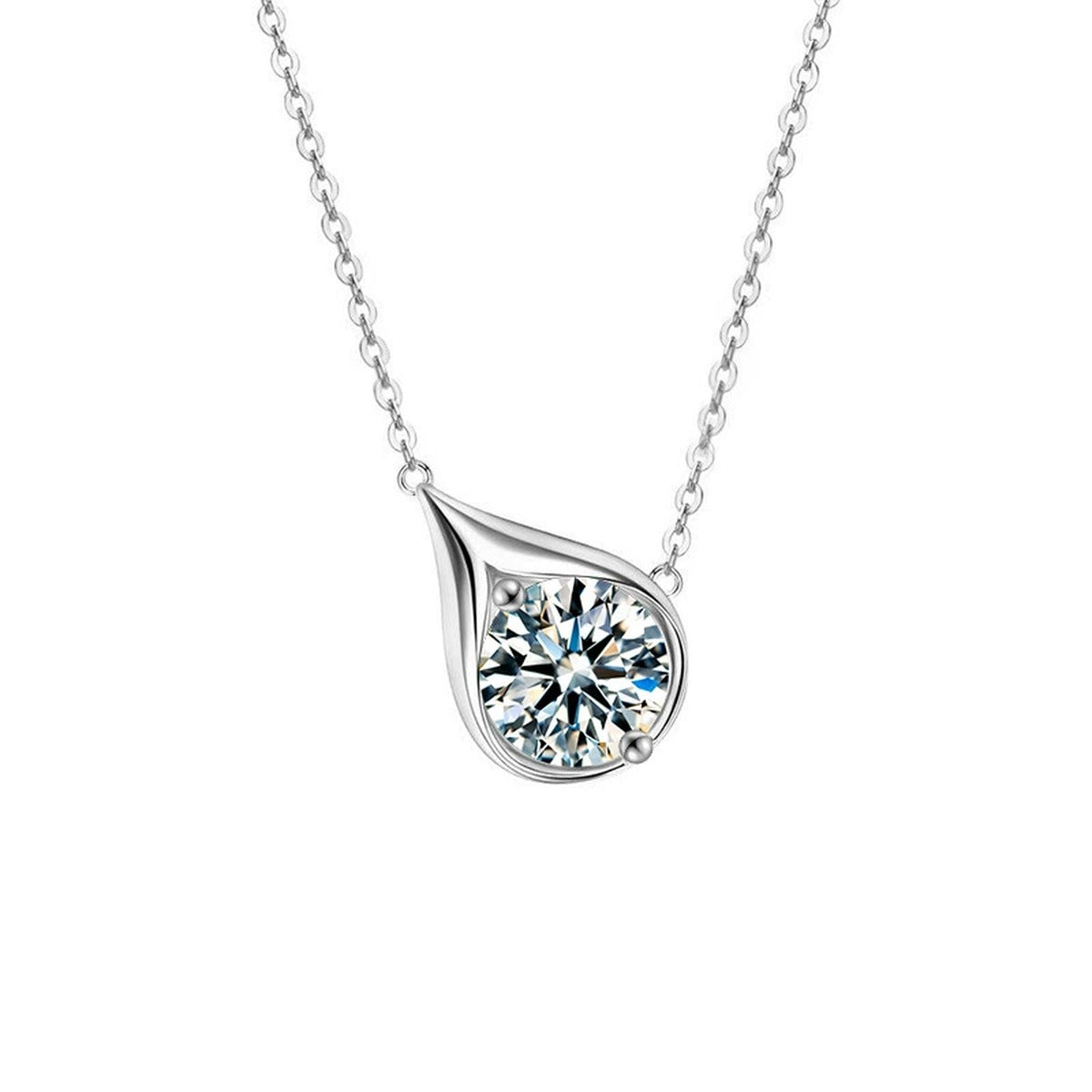 Teardrop Round Moissanite Necklace in Gold-Plated S925 sterling silver white background product photo showing minimal teardrop pendant with a 1 ct round moissanite center