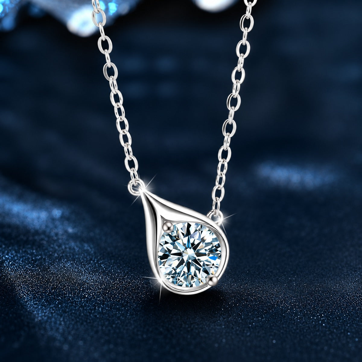 Teardrop Round Moissanite Necklace in Gold-Plated S925 sterling silver dark display product view showing pendant and chain