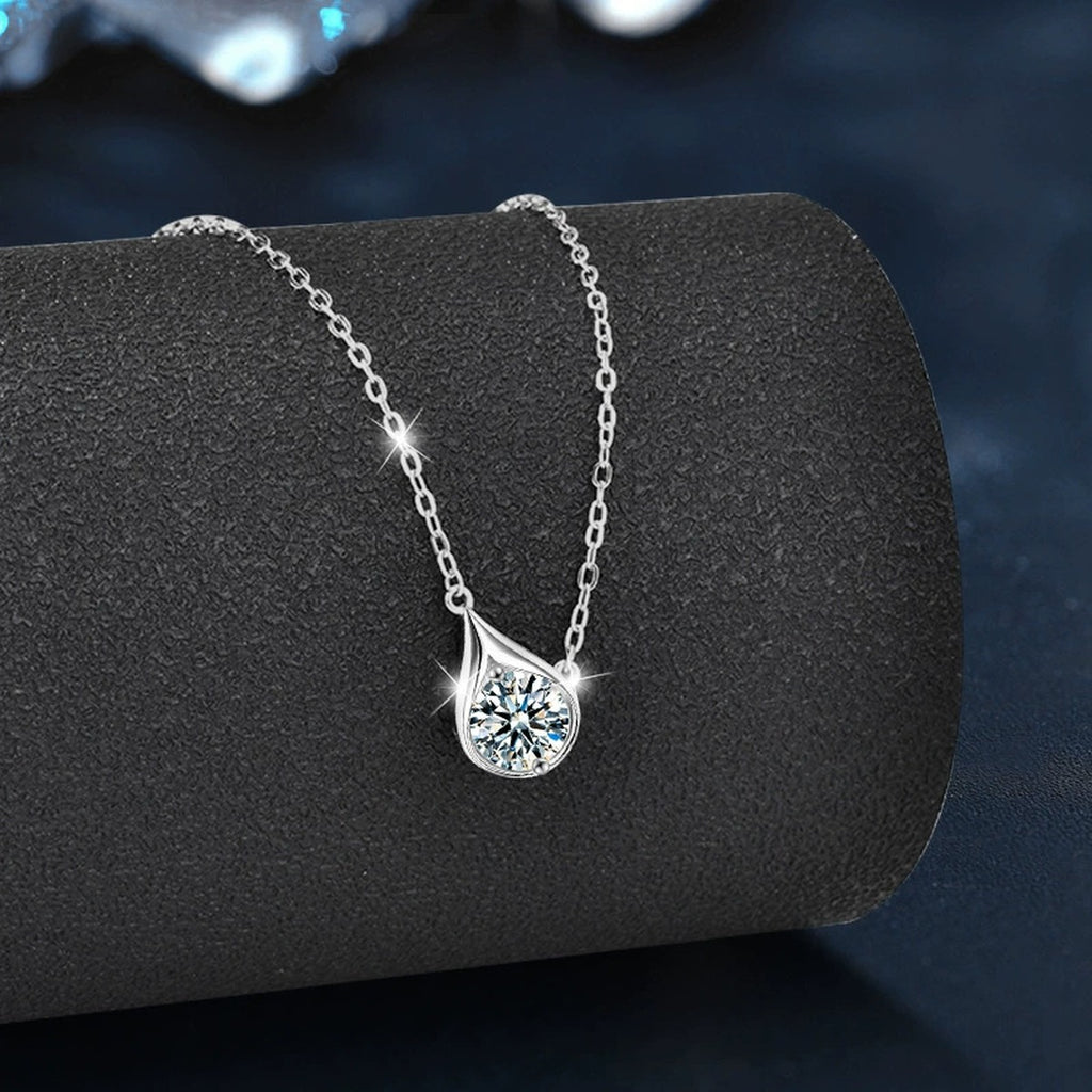 Teardrop Round Moissanite Necklace in Gold-Plated S925 sterling silver angled necklace detail showing pendant profile