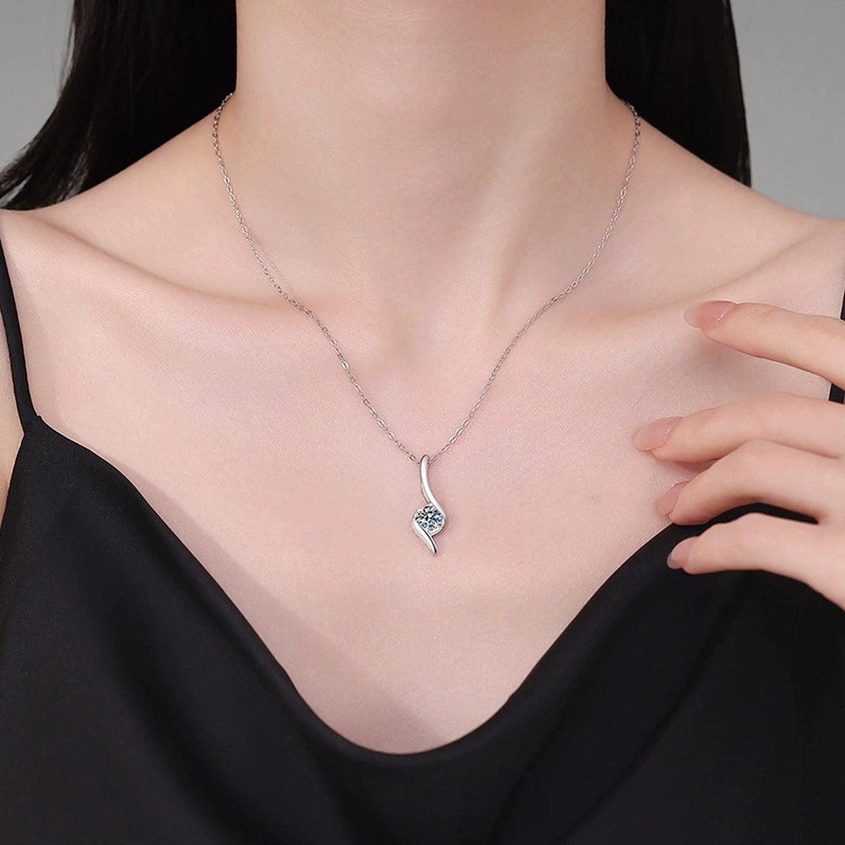 Musical Note Round Moissanite Necklace in Gold-Plated S925 sterling silver neckline model view showing pendant scale and chain length