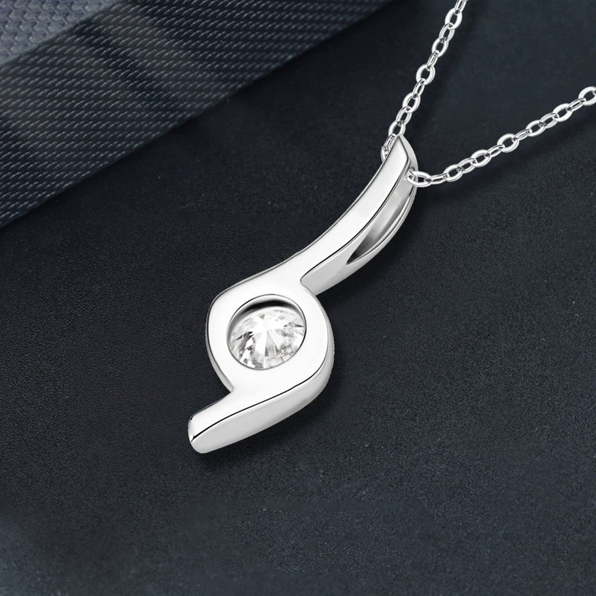 Musical Note Round Moissanite Necklace in Gold-Plated S925 sterling silver angled necklace detail showing pendant profile