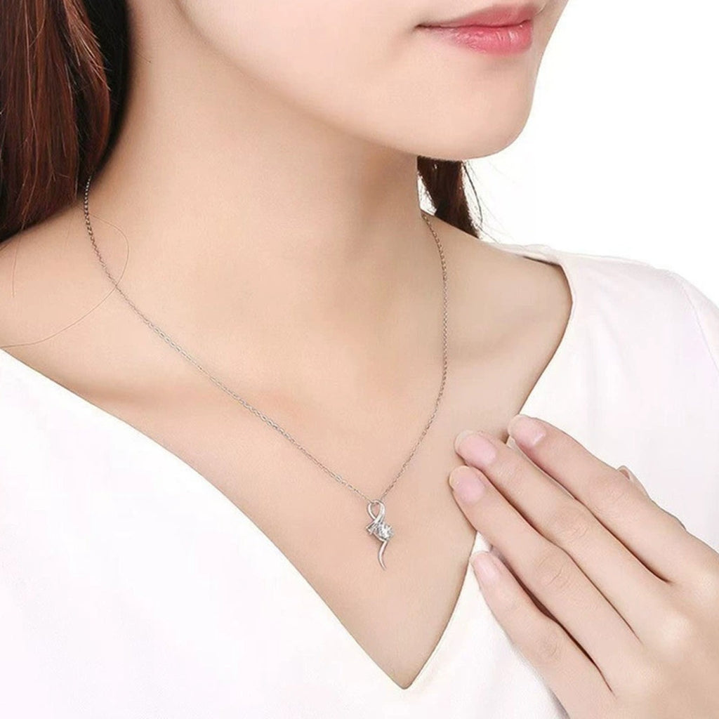 Ribbon Twist Round Moissanite Necklace in Gold-Plated S925 sterling silver neckline model view showing pendant scale and chain length