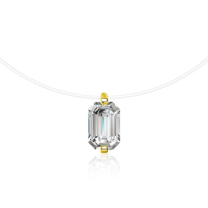 Emerald and Radiant Cut Moissanite Illusion Necklace in Gold-Plated S925 sterling silver white background front product view showing an elongated solitaire floating on a fine illusion line