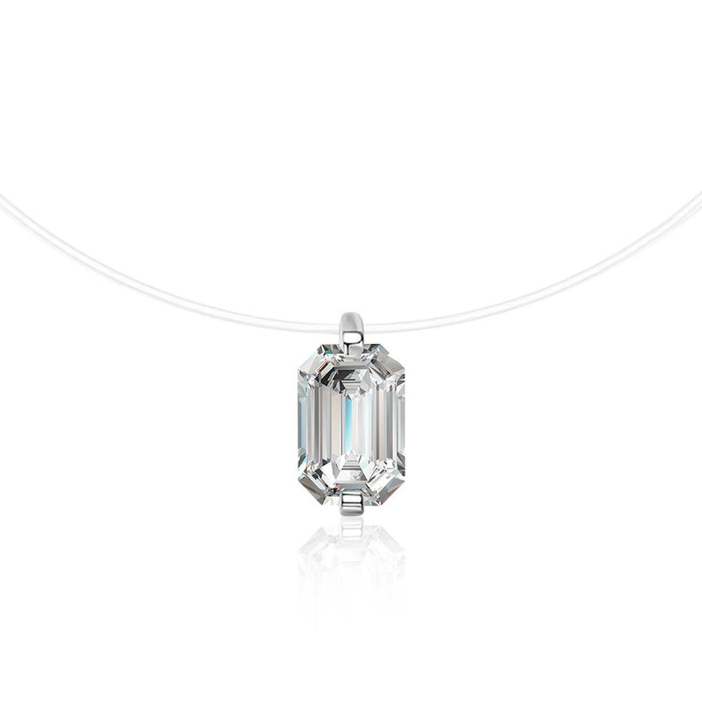 Emerald and Radiant Cut Moissanite Illusion Necklace in Gold-Plated S925 sterling silver alternate metal color white background product view showing an elongated solitaire floating on a fine illusion line
