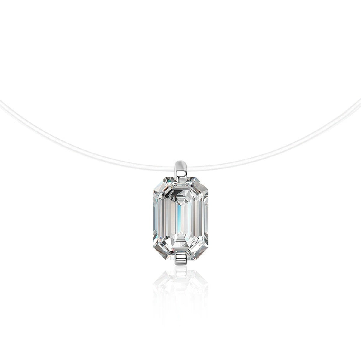 Emerald and Radiant Cut Moissanite Illusion Necklace in Gold-Plated S925 sterling silver alternate metal color white background product view showing an elongated solitaire floating on a fine illusion line