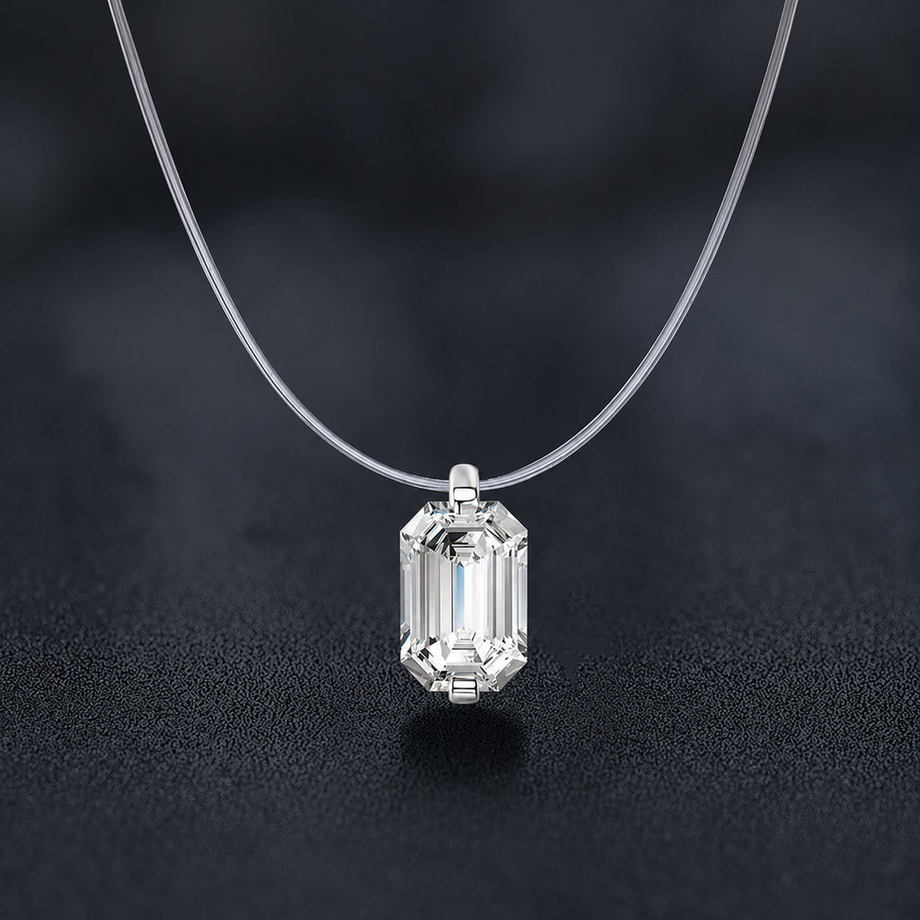 Emerald and Radiant Cut Moissanite Illusion Necklace in Gold-Plated S925 sterling silver close-up styled product scene showing pendant setting