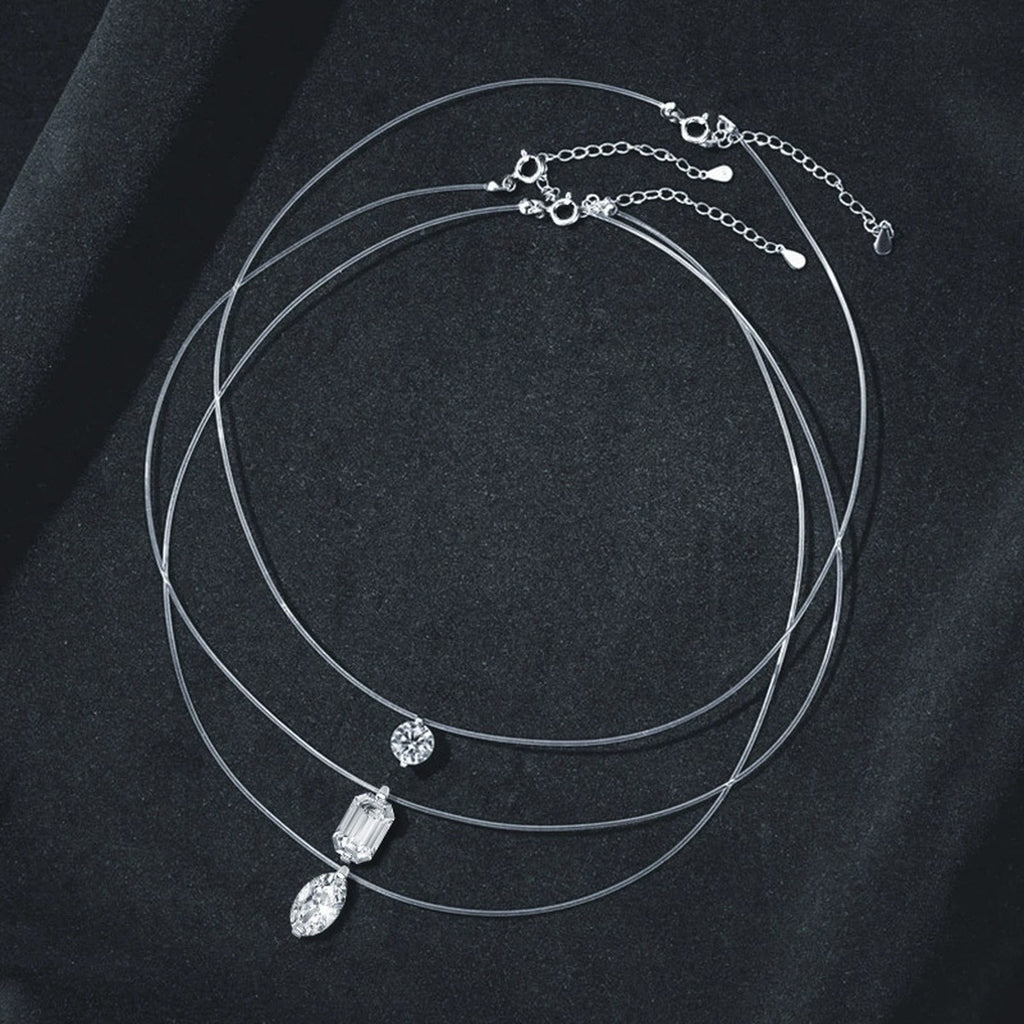 Emerald and Radiant Cut Moissanite Illusion Necklace in Gold-Plated S925 sterling silver display scene showing chain and stone layout