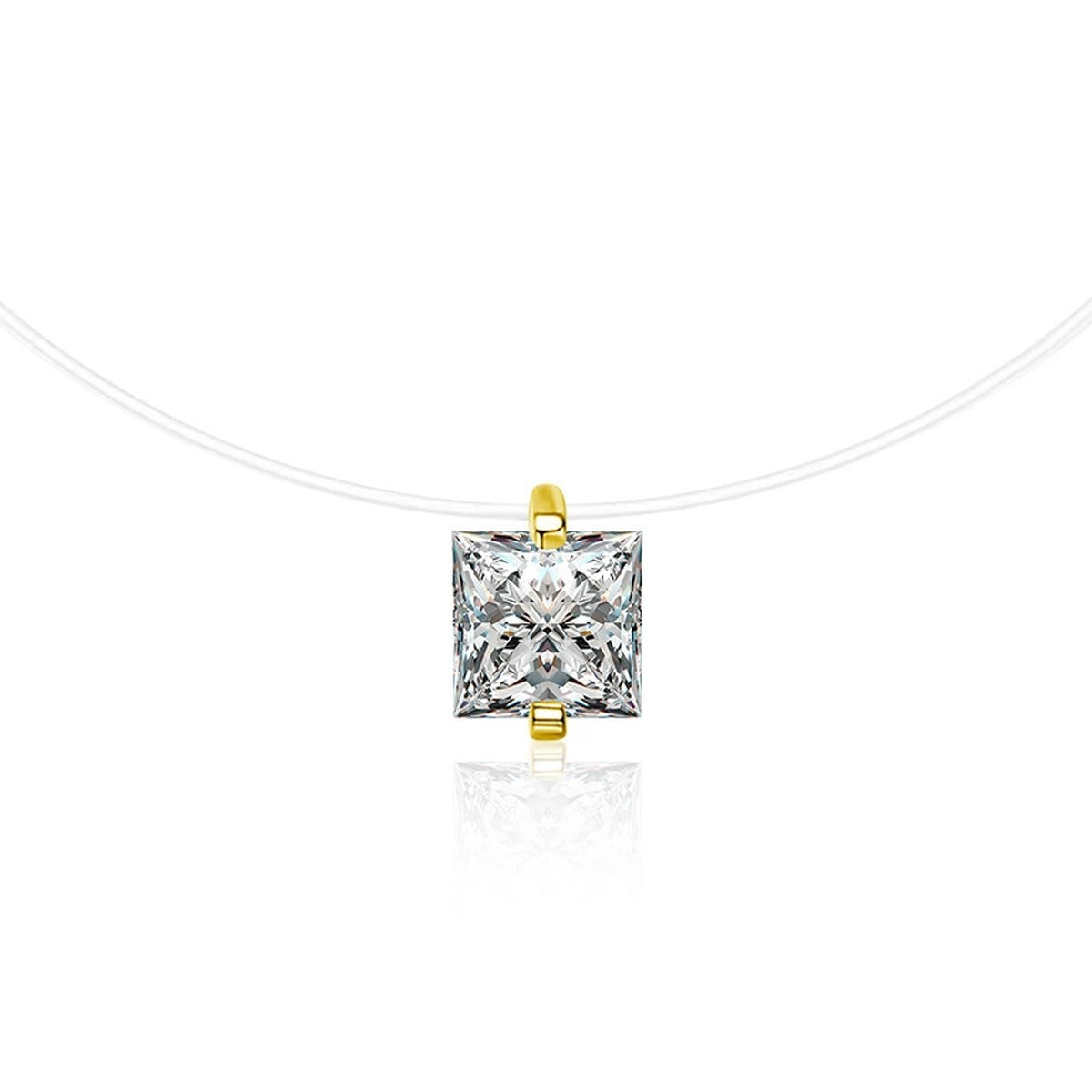 Princess Cut Moissanite Illusion Necklace in Gold-Plated S925 sterling silver white background front product view showing a crisp princess-cut solitaire floating at the neckline