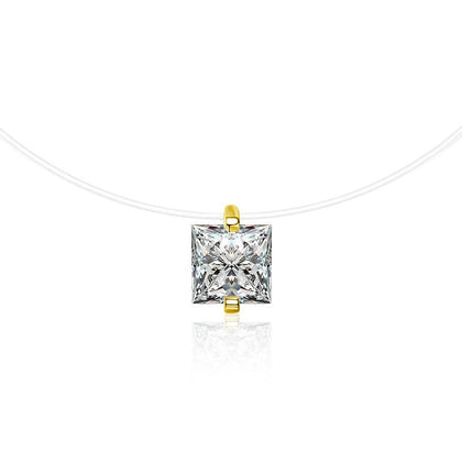 Princess Cut Moissanite Illusion Necklace in Gold-Plated S925 sterling silver white background front product view showing a crisp princess-cut solitaire floating at the neckline