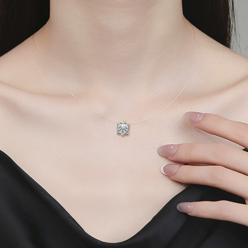 Princess Cut Moissanite Illusion Necklace in Gold-Plated S925 sterling silver neckline model view showing pendant scale and chain length