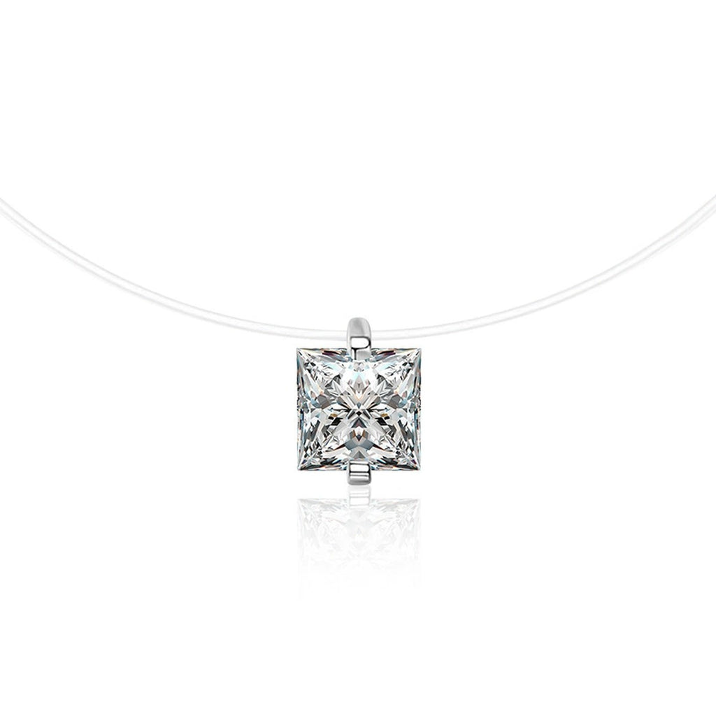 Princess Cut Moissanite Illusion Necklace in Gold-Plated S925 sterling silver alternate metal color white background product view showing a crisp princess-cut solitaire floating at the neckline