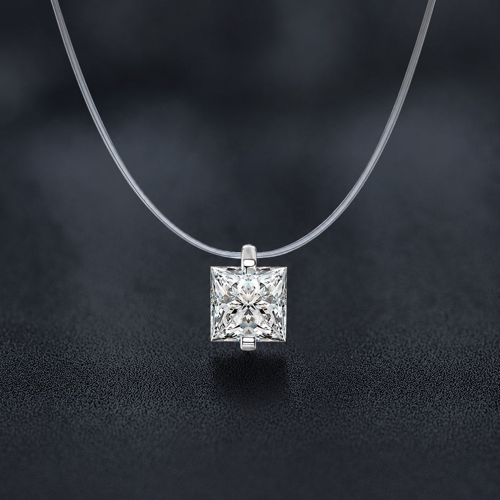 Princess Cut Moissanite Illusion Necklace in Gold-Plated S925 sterling silver close-up styled product scene showing pendant setting