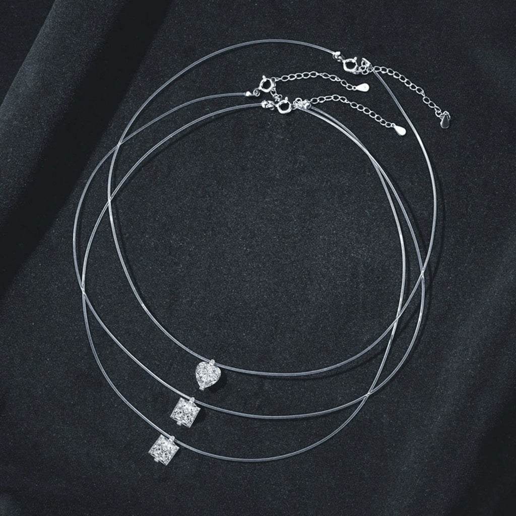 Princess Cut Moissanite Illusion Necklace in Gold-Plated S925 sterling silver display scene showing chain and stone layout