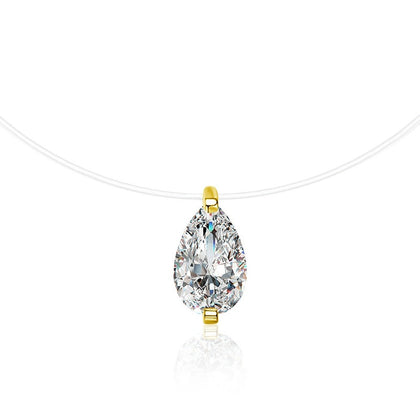 Pear Cut Moissanite Illusion Necklace in Gold-Plated S925 sterling silver white background front product view showing a pear-cut solitaire suspended from a fine illusion line
