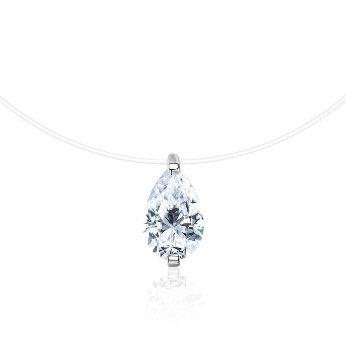 Pear Cut Moissanite Illusion Necklace in Gold-Plated S925 sterling silver alternate metal color white background product view showing a pear-cut solitaire suspended from a fine illusion line