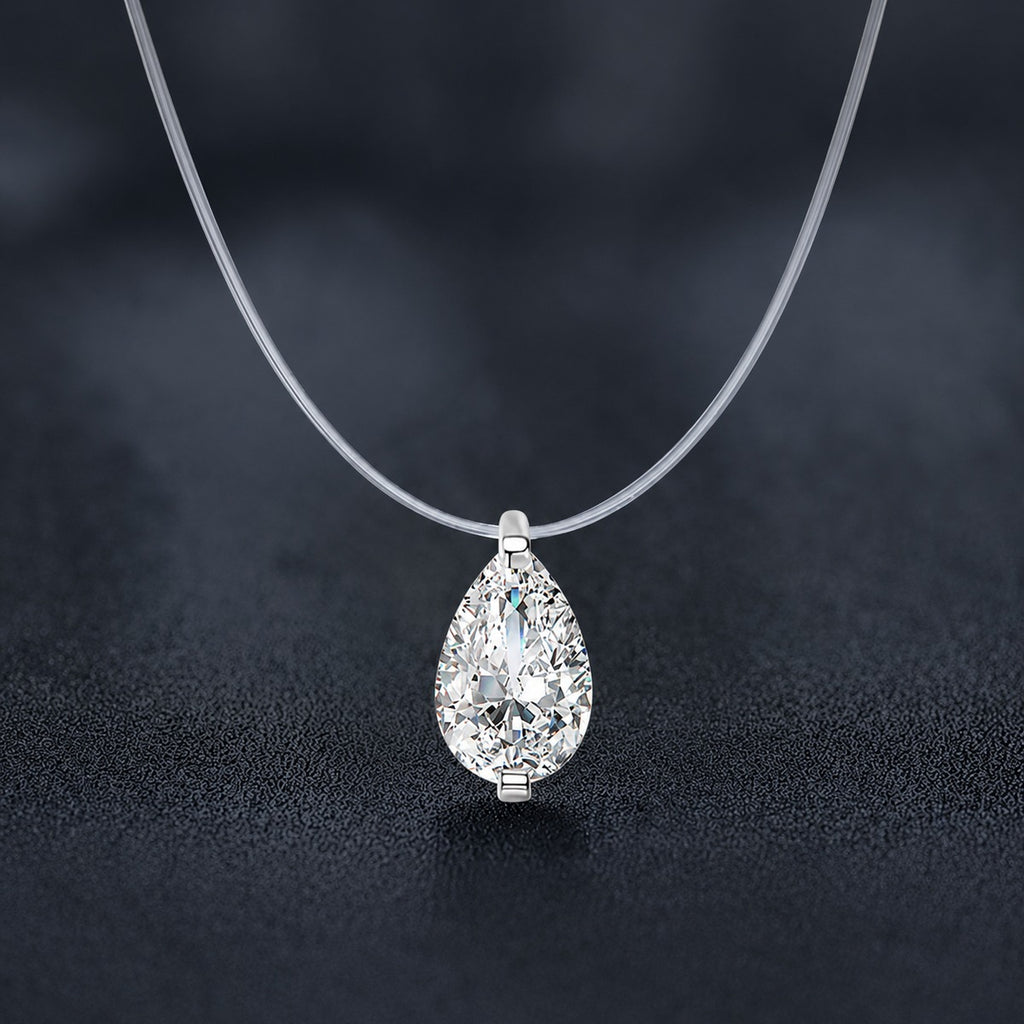 Pear Cut Moissanite Illusion Necklace in Gold-Plated S925 sterling silver close-up styled product scene showing pendant setting