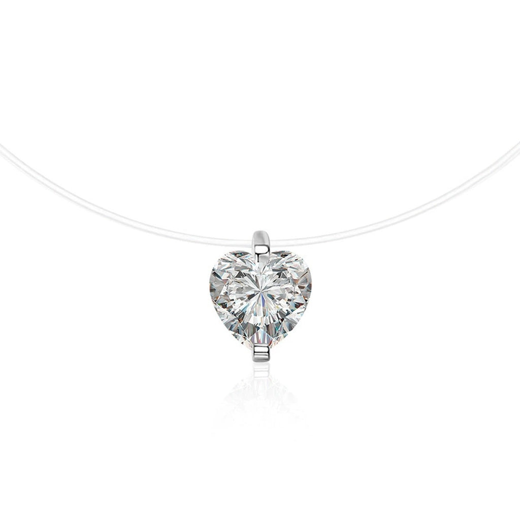 Heart Cut Moissanite Illusion Necklace in Gold-Plated S925 sterling silver white background front product view showing a heart-cut solitaire hovering on a fine illusion line