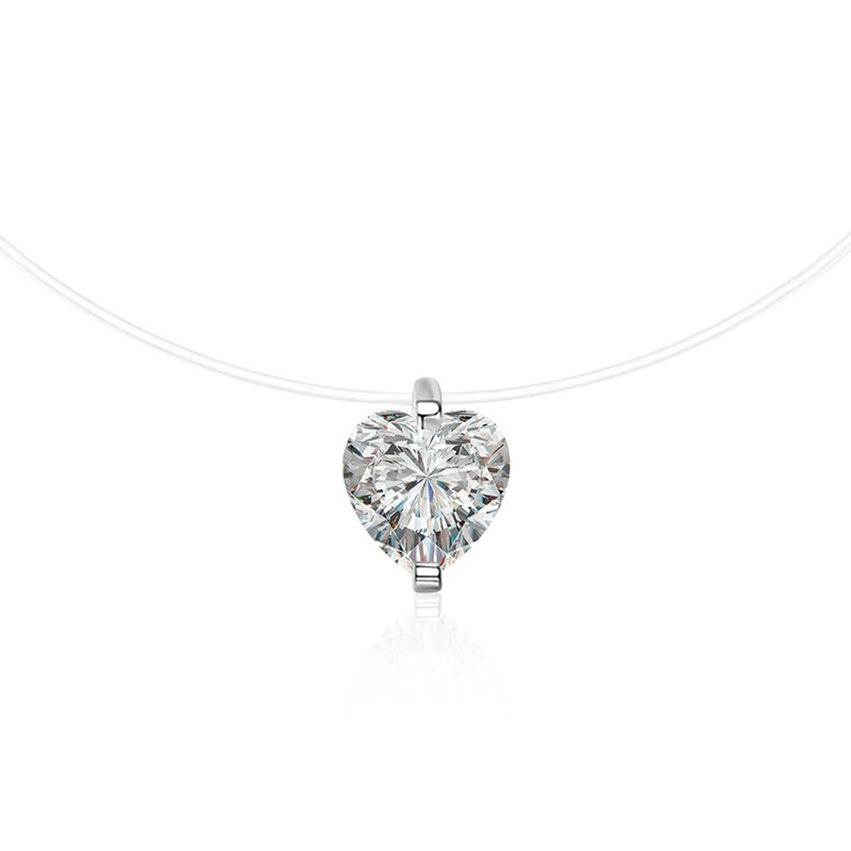 Heart Cut Moissanite Illusion Necklace in Gold-Plated S925 sterling silver white background front product view showing a heart-cut solitaire hovering on a fine illusion line