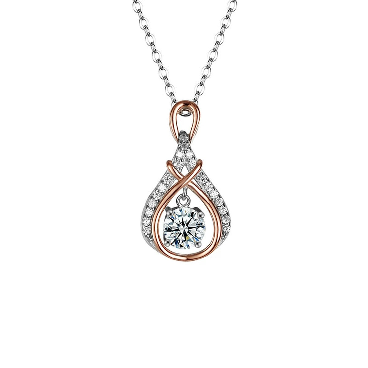 Two-Tone Dancing Round Moissanite Teardrop Necklace with CZ in S925 sterling silver white background front product view showing open teardrop frame with rose-gold detail around a dancing round moissanite