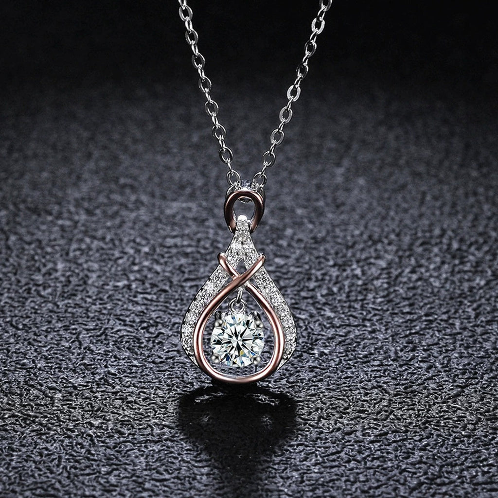 Two-Tone Dancing Round Moissanite Teardrop Necklace with CZ in S925 sterling silver display scene showing chain and stone layout