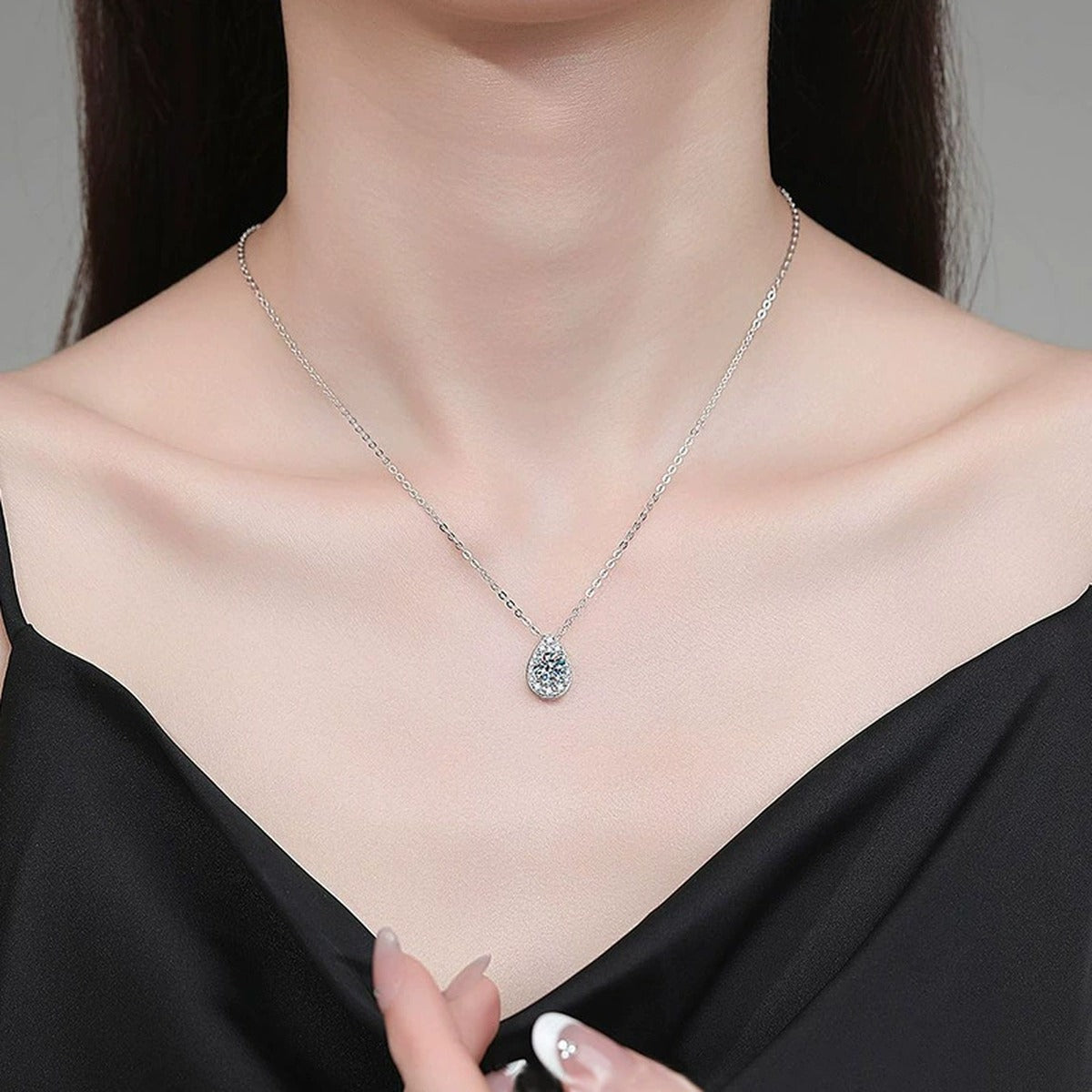 Teardrop Round Moissanite Necklace with CZ in Gold-Plated S925 sterling silver neckline model view showing pendant scale and chain length