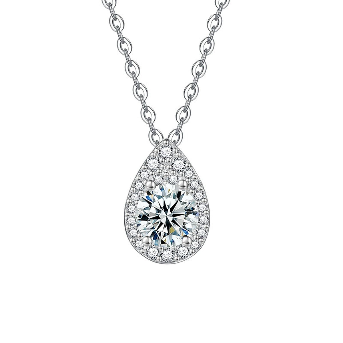 Teardrop Round Moissanite Necklace with CZ in Gold-Plated S925 sterling silver white background product photo showing teardrop pendant with a 1 ct round moissanite and CZ accents