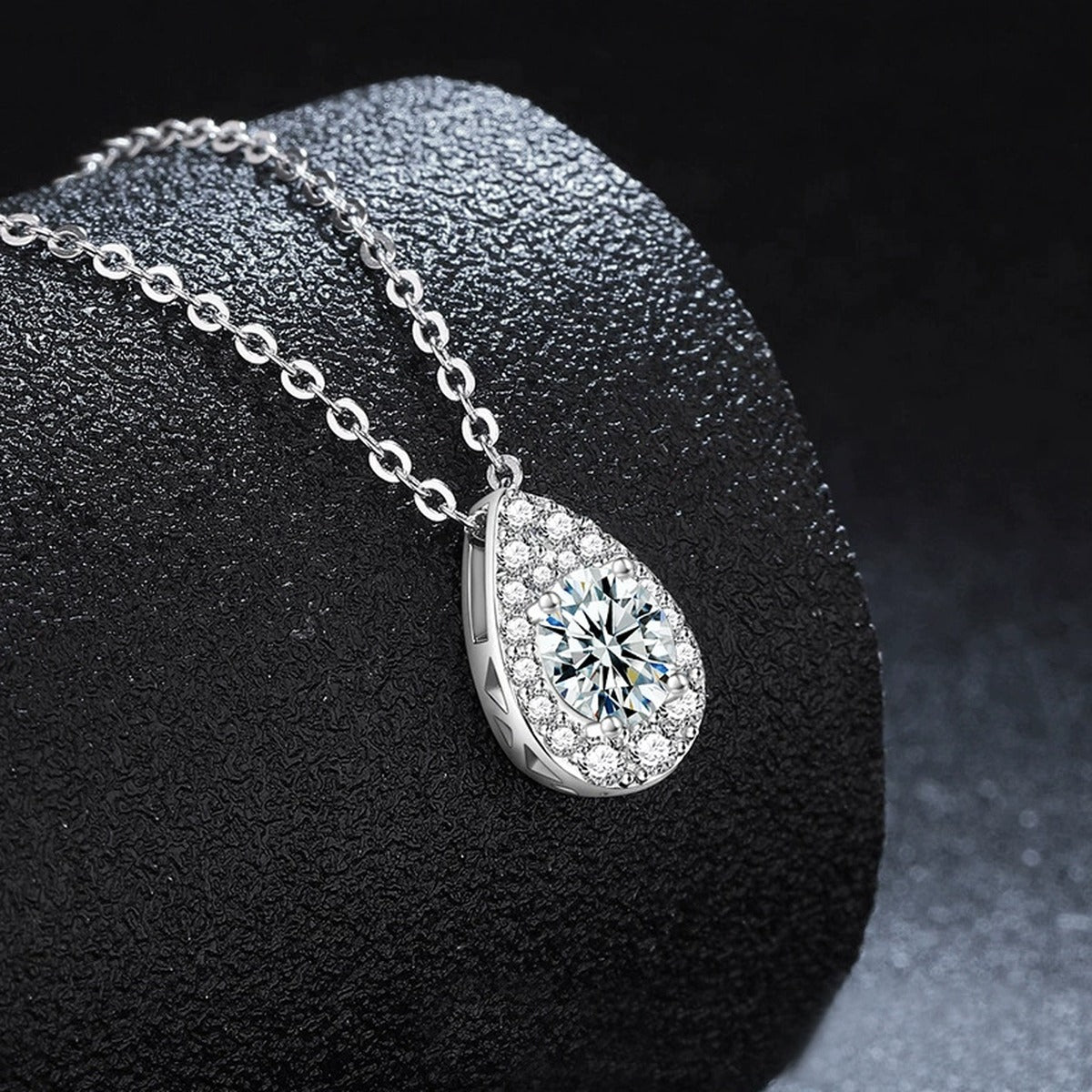 Teardrop Round Moissanite Necklace with CZ in Gold-Plated S925 sterling silver dark display product view showing pendant and chain