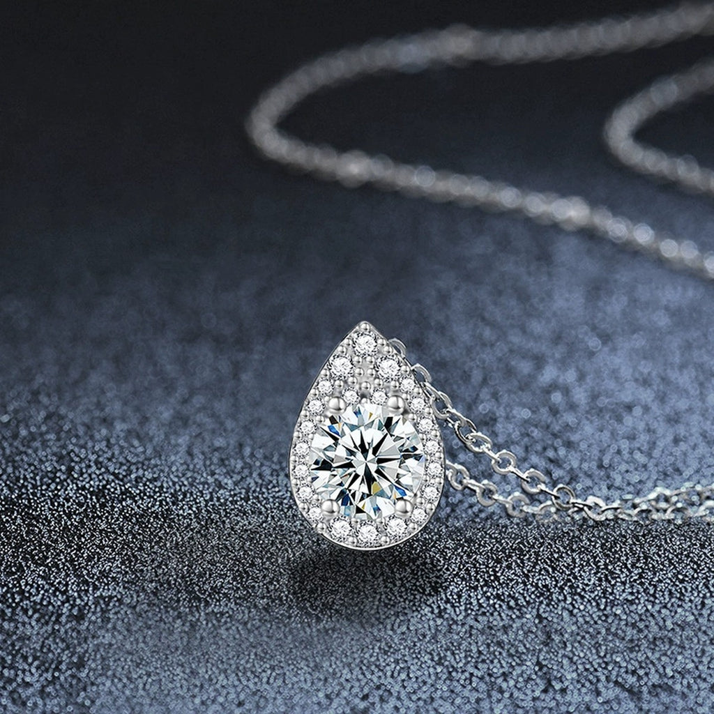 Teardrop Round Moissanite Necklace with CZ in Gold-Plated S925 sterling silver close-up product scene showing stone setting