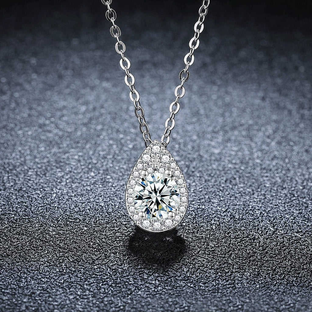 Teardrop Round Moissanite Necklace with CZ in Gold-Plated S925 sterling silver angled necklace detail showing pendant profile