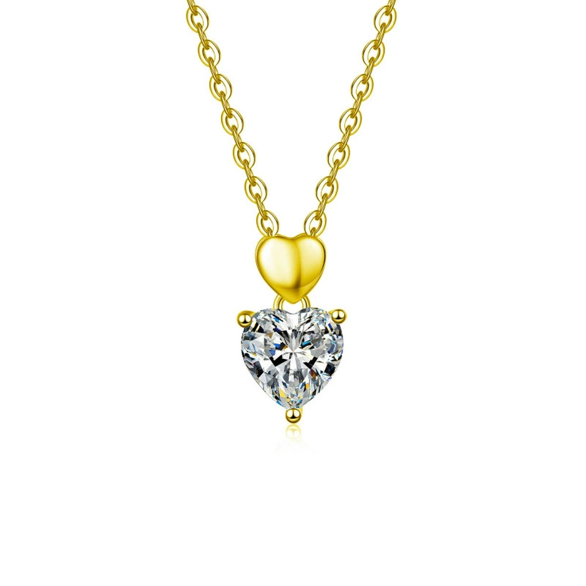 Double Heart Cut Moissanite Necklace in Gold-Plated S925 sterling silver white background front product view showing a polished heart link above a heart-cut moissanite solitaire