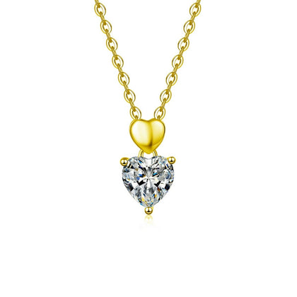 Double Heart Cut Moissanite Necklace in Gold-Plated S925 sterling silver white background front product view showing a polished heart link above a heart-cut moissanite solitaire