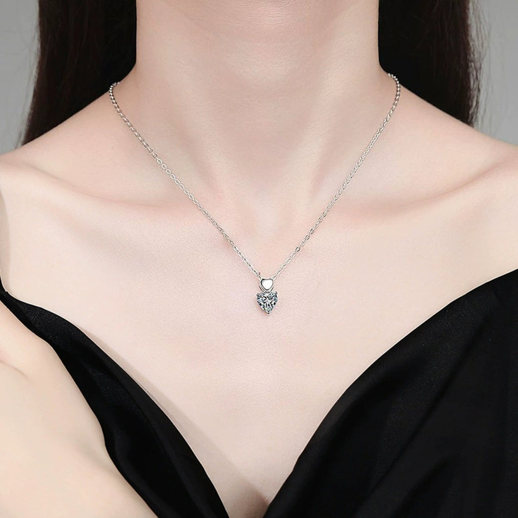Double Heart Cut Moissanite Necklace in Gold-Plated S925 sterling silver neckline model view showing pendant scale and chain length