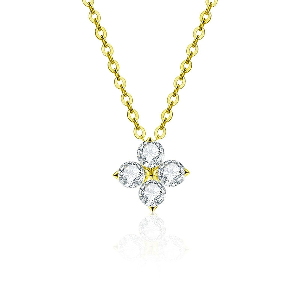 Four-Leaf Clover Round Moissanite Necklace in Gold-Plated S925 sterling silver white background product photo showing four-leaf clover pendant with a small round moissanite center