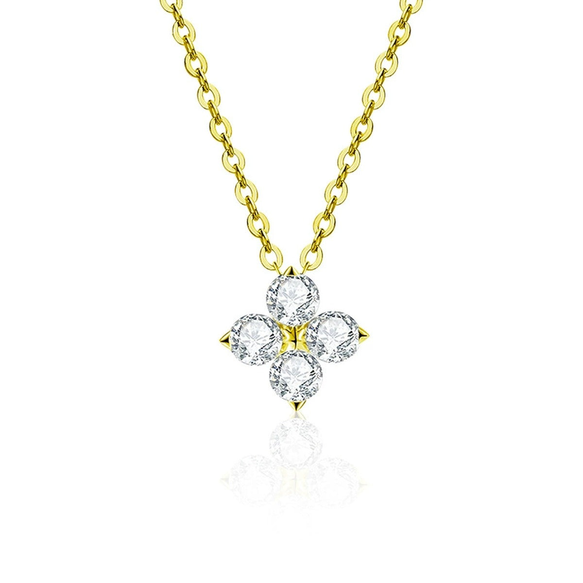 Four-Leaf Clover Round Moissanite Necklace in Gold-Plated S925 sterling silver white background product photo showing four-leaf clover pendant with a small round moissanite center