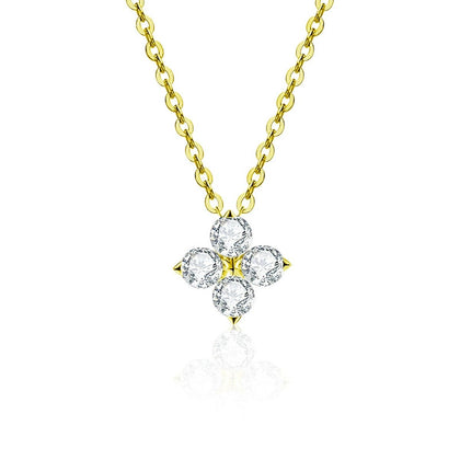 Four-Leaf Clover Round Moissanite Necklace in Gold-Plated S925 sterling silver white background product photo showing four-leaf clover pendant with a small round moissanite center