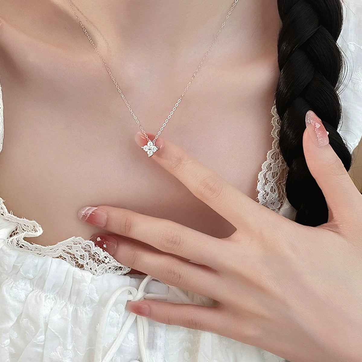 Four-Leaf Clover Round Moissanite Necklace in Gold-Plated S925 sterling silver neckline model view showing pendant scale and chain length