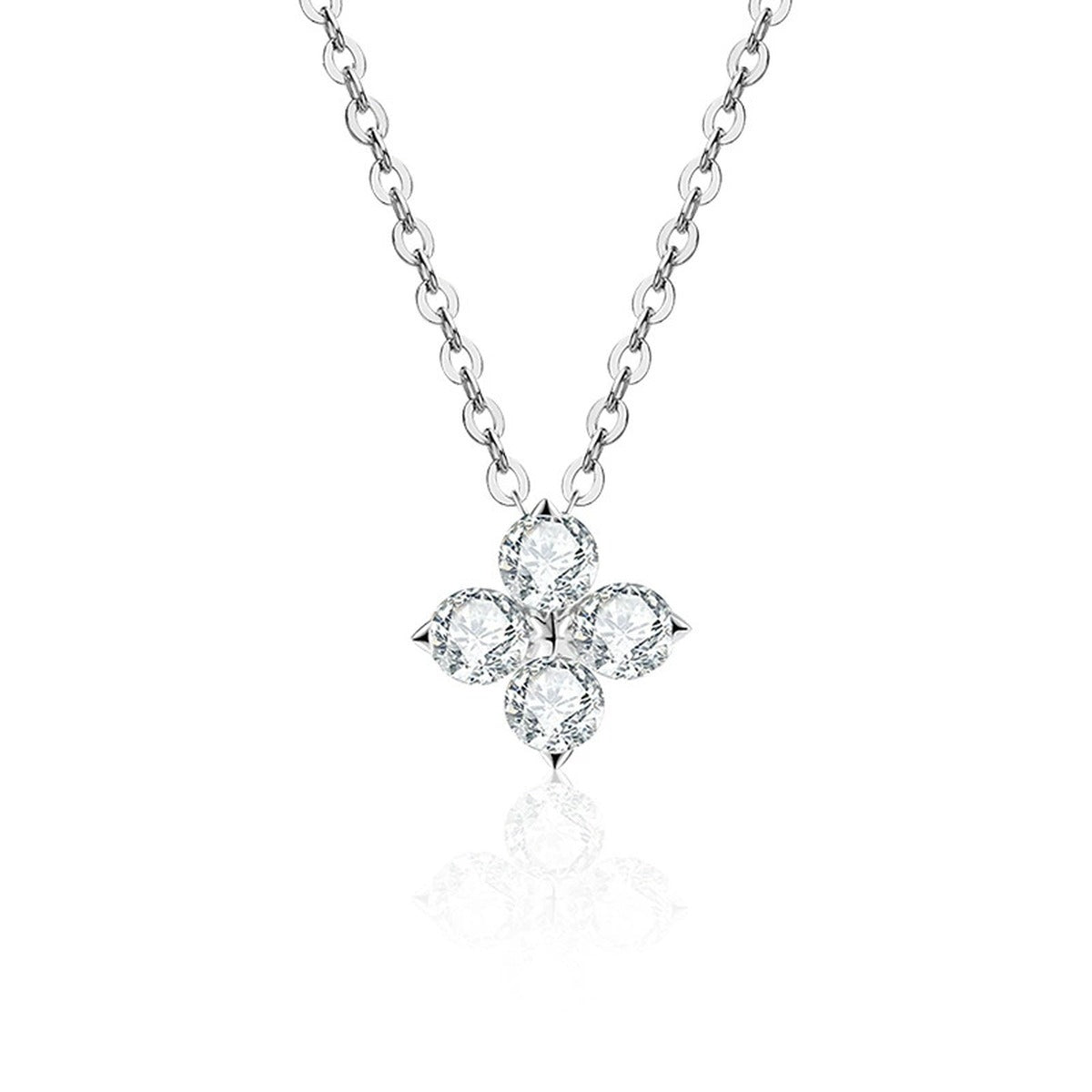 Four-Leaf Clover Round Moissanite Necklace in Gold-Plated S925 sterling silver white background product photo showing four-leaf clover pendant with a small round moissanite center