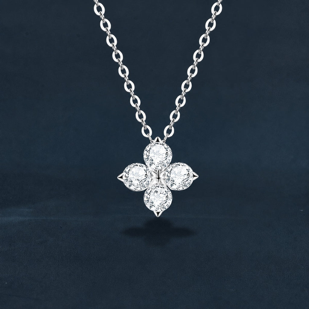 Four-Leaf Clover Round Moissanite Necklace in Gold-Plated S925 sterling silver dark display product view showing pendant and chain