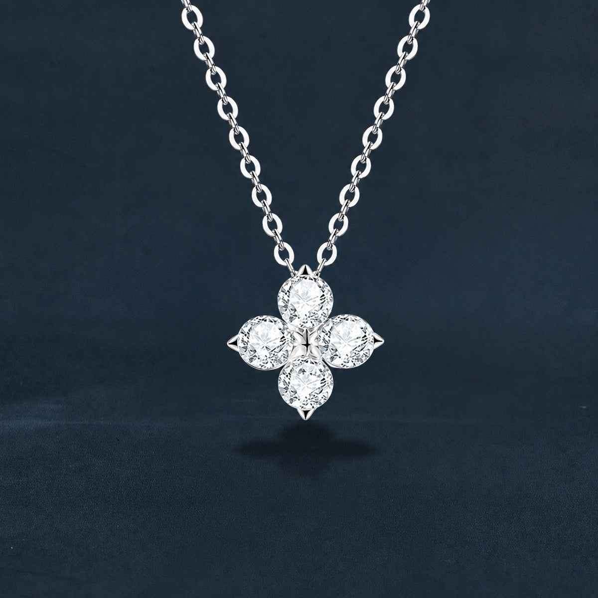 Four-Leaf Clover Round Moissanite Necklace in Gold-Plated S925 sterling silver dark display product view showing pendant and chain