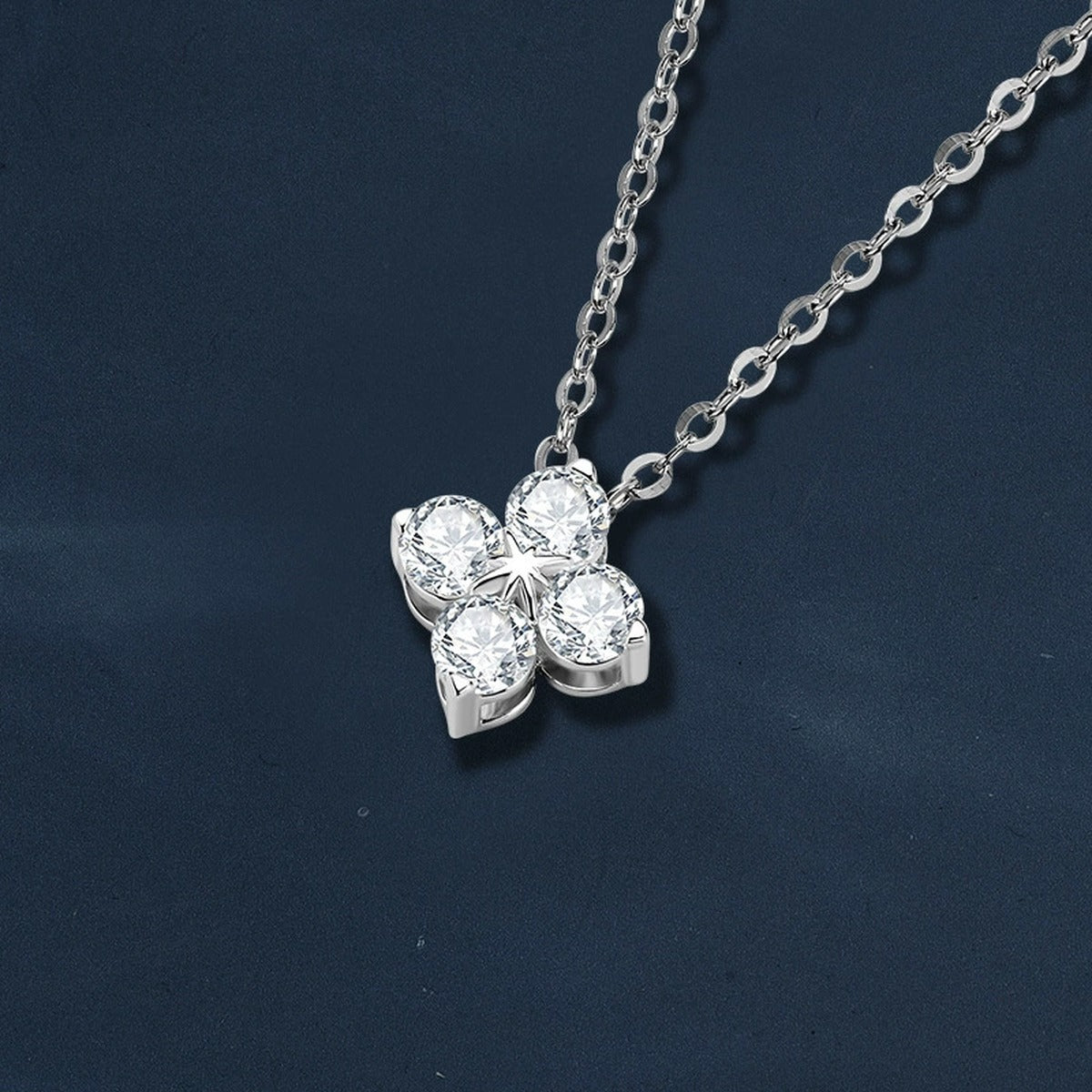 Four-Leaf Clover Round Moissanite Necklace in Gold-Plated S925 sterling silver angled necklace detail showing pendant profile