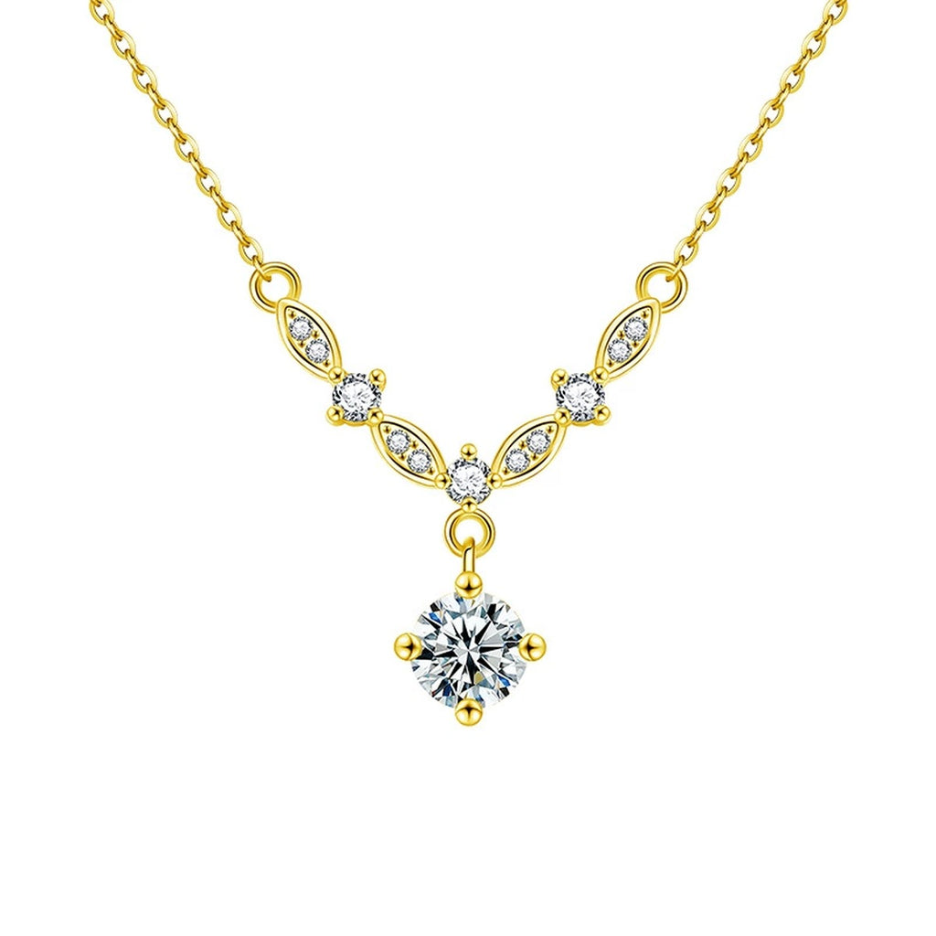 Galaxy Round Moissanite Drop Necklace with CZ in Gold-Plated S925 sterling silver white background front product view showing galaxy-inspired station arc ending in a round moissanite drop with CZ accents