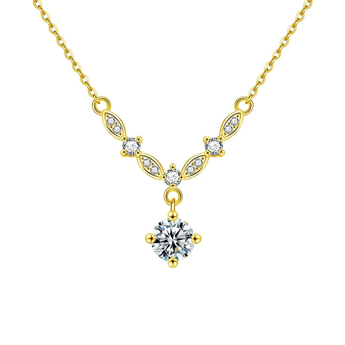 Galaxy Round Moissanite Drop Necklace with CZ in Gold-Plated S925 sterling silver white background front product view showing galaxy-inspired station arc ending in a round moissanite drop with CZ accents