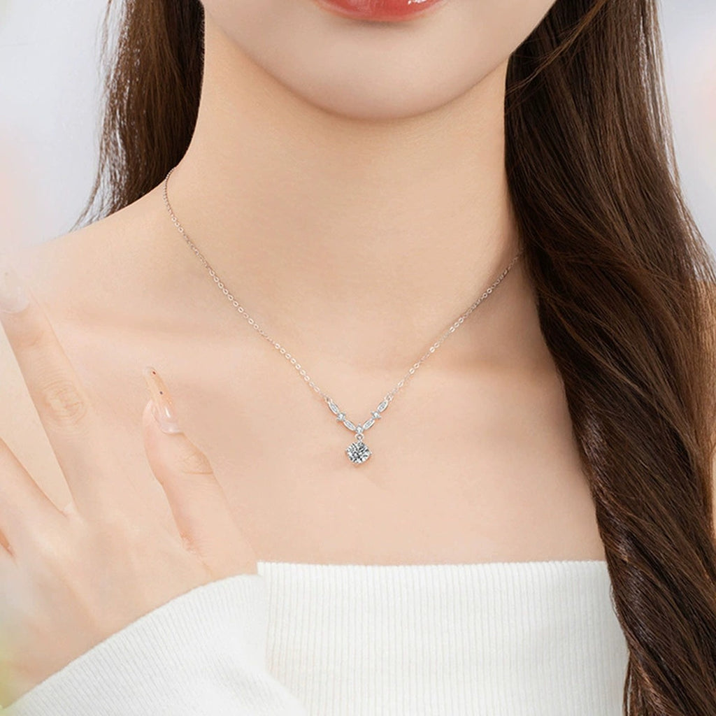 Galaxy Round Moissanite Drop Necklace with CZ in Gold-Plated S925 sterling silver neckline model view showing pendant scale and chain length